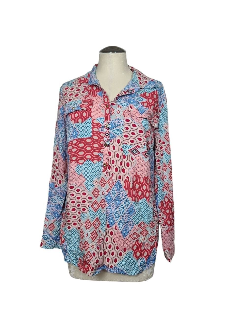 Talbots Multi Print Blue Red Pink Half Button Down Tab Sleeves Blouse S